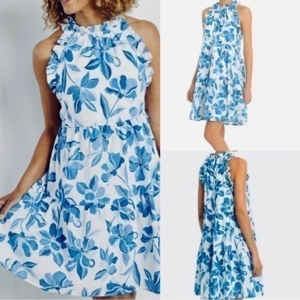 Blue Floral Halter Mini Dress by